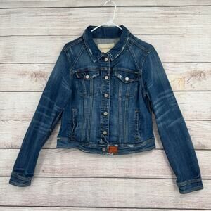 Pilcro Anthropologie Distressed Trucker Denim Jacket Womens L Blue Medium Wash